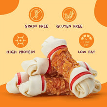 Chicken wrap knotted bone dog chews shaped like a knot with red-edged white wraps