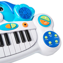 Electronic keyboard toy with blue speaker grill, record button, and piano keys