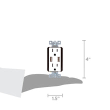 Two-outlet in-wall USB receptacle diagram with mounting holes and dimensions