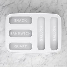 5-slot food bag dispenser with labeled SNACK, SANDWICH, and QUART compartments