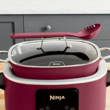 Cherry tarte multi-cooker with stainless rim, glass lid, and serving utensil on top