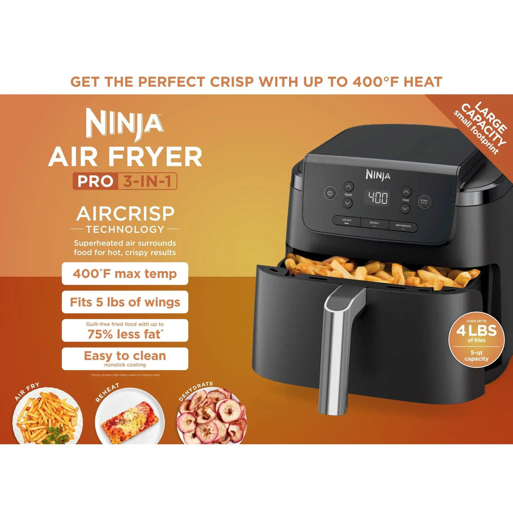 Ninja Pro 3-in-1 Air Fryer, XL 5-Qt Basket, 3 Functions, Air Crisp Technology, Non-Stick, Crisper Plate, AF140 Black - USA MEGA SHOP