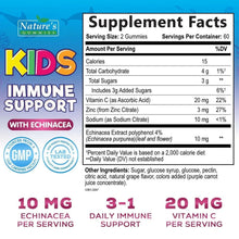 Kids immune support supplement facts label with serving size, echinacea, zinc, and vitamin C