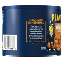 PLANTERS honey-roasted mixed nuts steel can side panel with slogan and nuts image