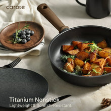 Carote titanium nonstick frying pan skillet with cooked potatoes and herbs, wood handle