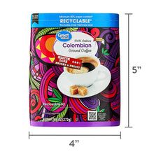 Ground coffee pouch with Colombian ground coffee logo and front cup graphic