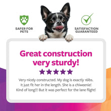 Small dog beside satisfaction badge for pet carrier
