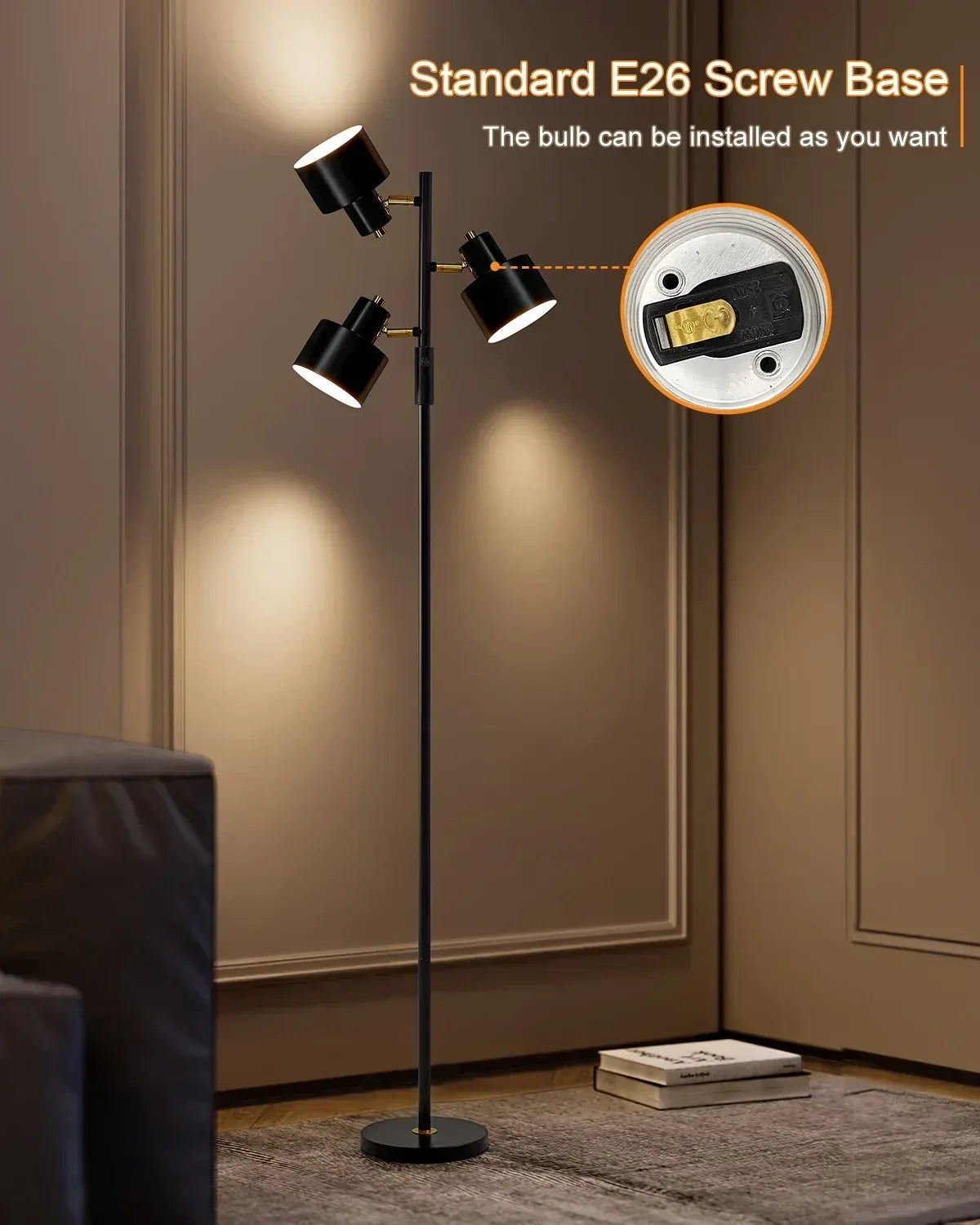 Yokila 66.25" 3 Light Modern Black Metal Floor Lamp for Living Room Bedroom Tall Standing Lamp with Rotary Switch for Home Office - USA MEGA SHOP