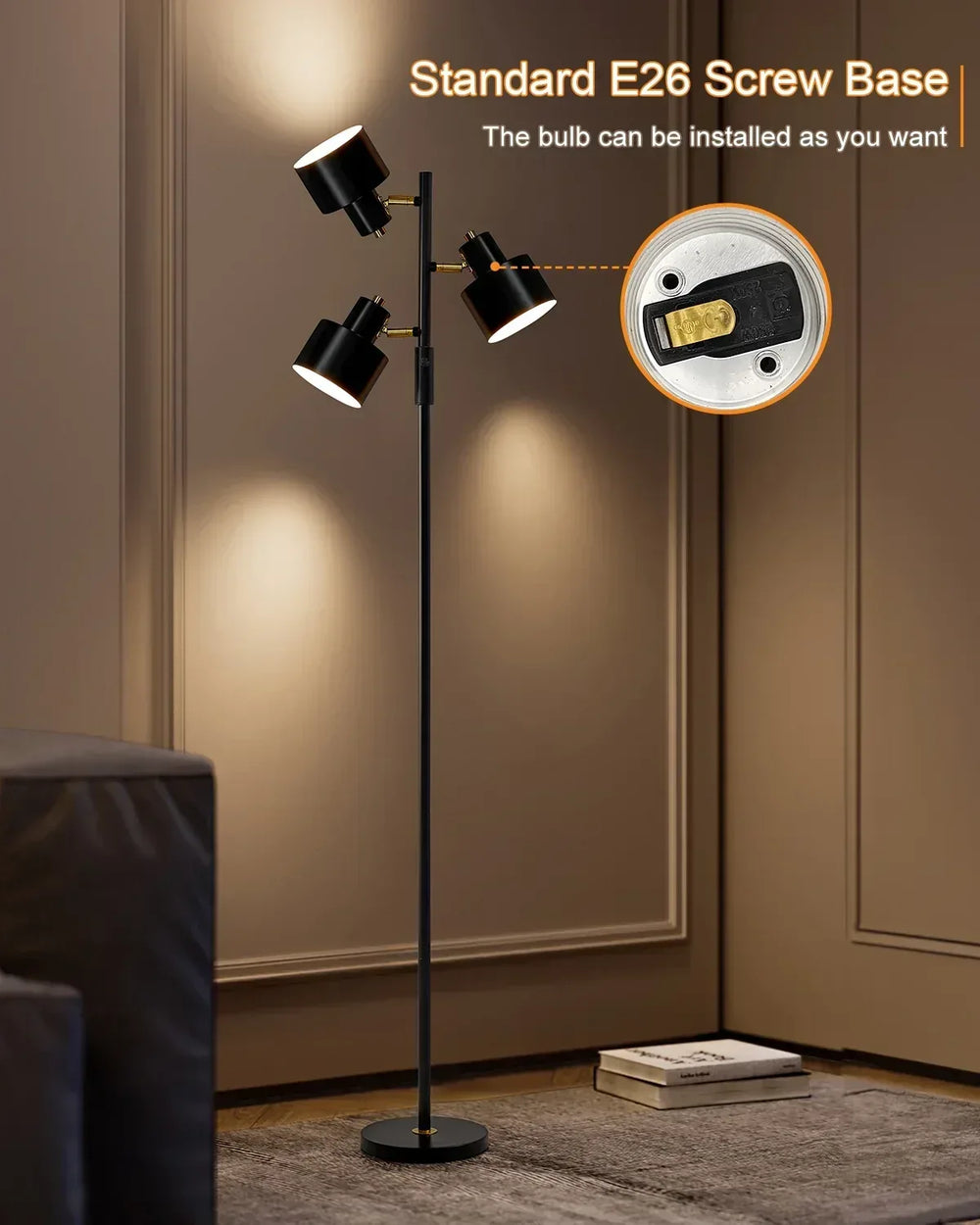 Yokila 66.25" 3 Light Modern Black Metal Floor Lamp for Living Room Bedroom Tall Standing Lamp with Rotary Switch for Home Office - USA MEGA SHOP