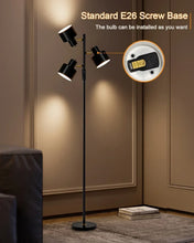 Black tall floor lamp with E26 screw-base socket and three adjustable spotlights