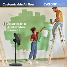 Black pedestal fan with tilted head and circular grille, on round base stand