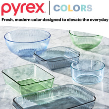 Tinted glass bakeware dishes in blue and green, with ribbed texture