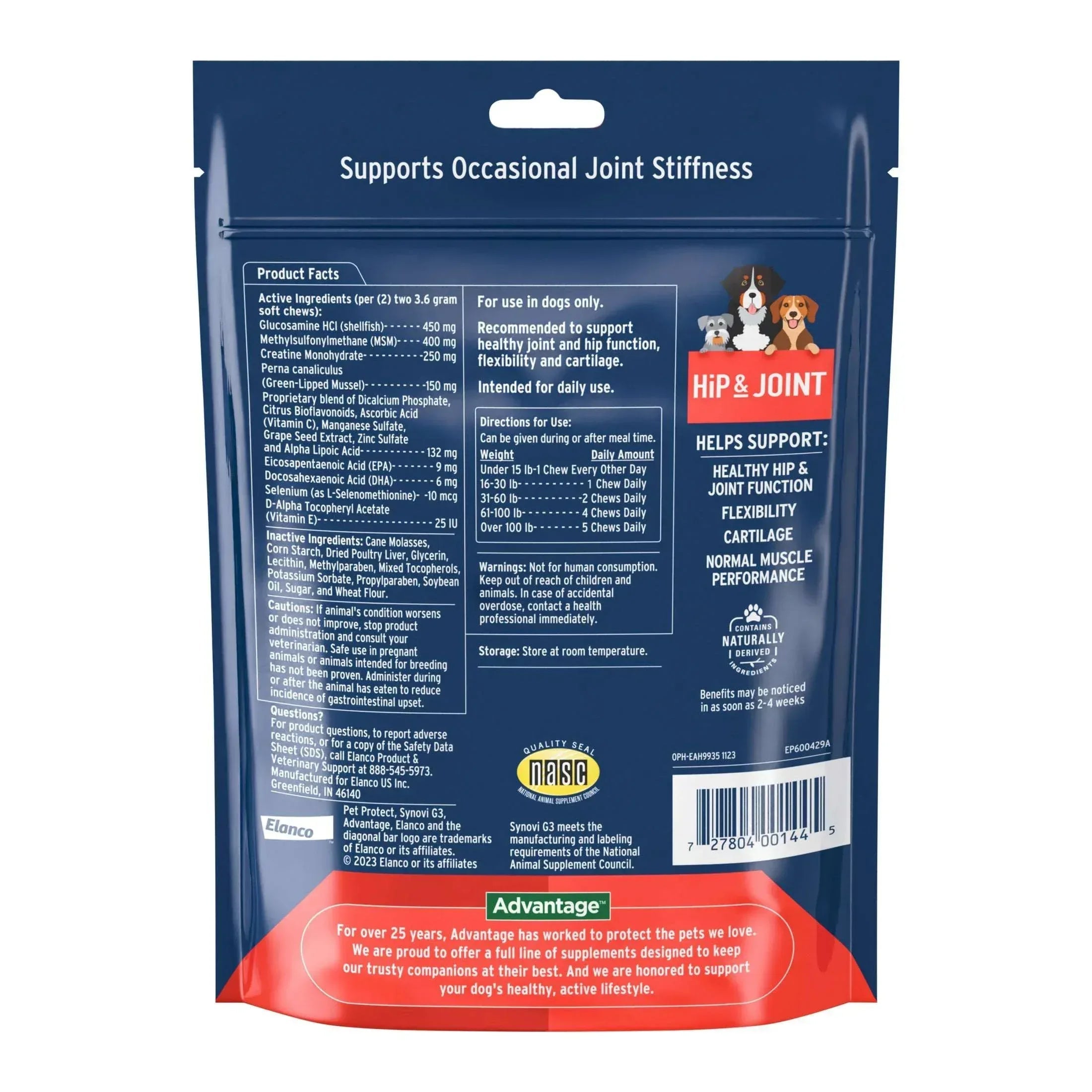 Pet Protect Dog Hip & Joint Supplement, Vet-Formulated Synovi G3, Chicken, 60 Soft Chews
