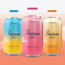 Recess Mood sparkling water cans in tropical bliss, strawberry rose, and orange vanilla