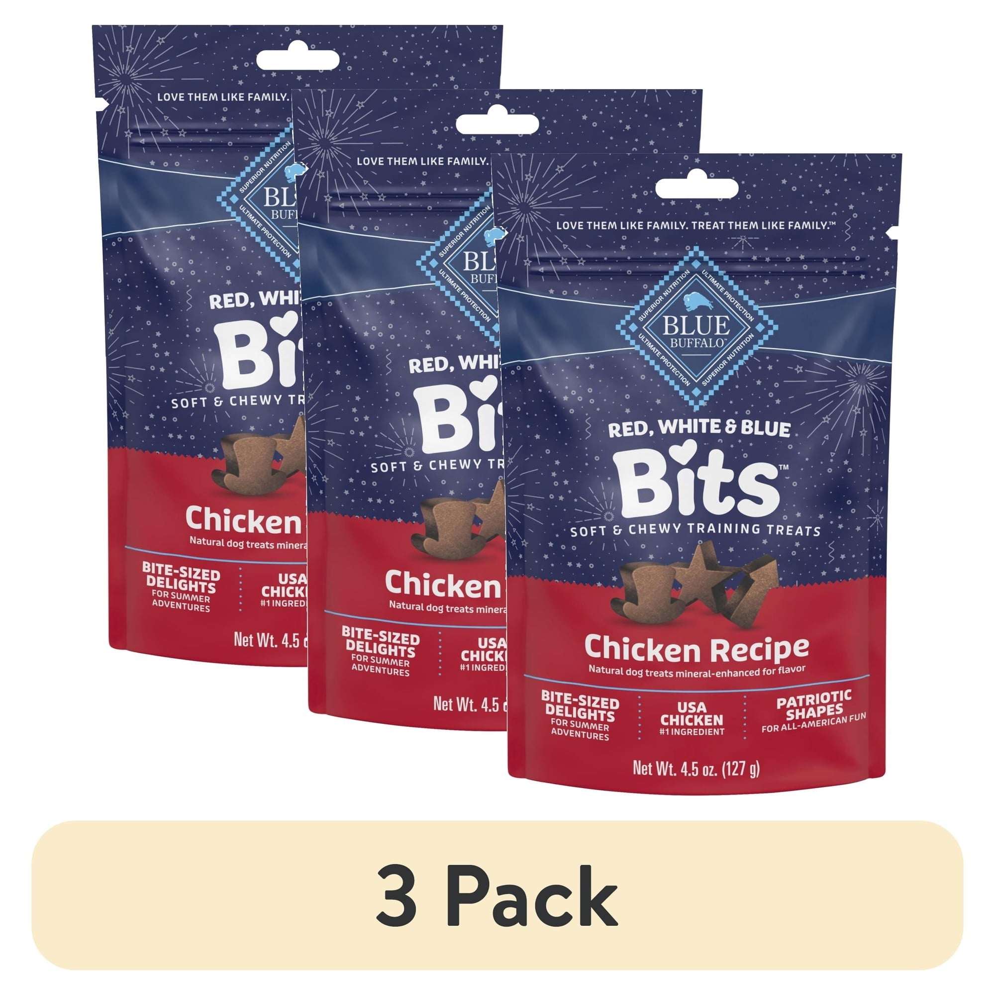 (3 pack) Blue Buffalo Red, White & Blue Bits, Soft and Chewy Training Treats, Chicken, 4.5oz Bag