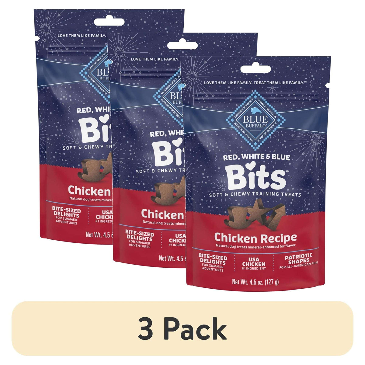 (3 pack) Blue Buffalo Red, White & Blue Bits, Soft and Chewy Training Treats, Chicken, 4.5oz Bag