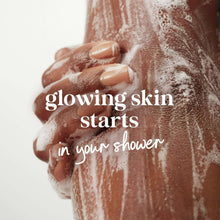 Dove glow body wash with lather on skin, text glowing skin starts in shower