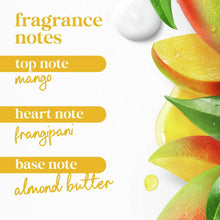 Dove glow body wash fragrance notes: top mango, heart frangipani, base almond butter