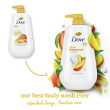 Dove glow body wash bottles with gold pumps and fruit-and-leaf design