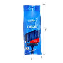 Blue Equate 2-blade disposable razor pack with 3 in by 8 in size diagram