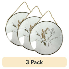 Set of 3 round glass wall decor with gold frames, hanging chains, and dried pressed florals