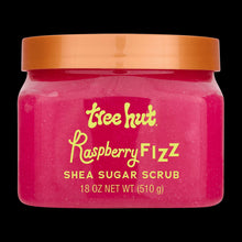Tree Hut Raspberry Fizz shea sugar scrub jar with orange lid, pink scrub
