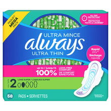 Always Ultra Thin long super pads with wings, size 2, 3-pack box with pad