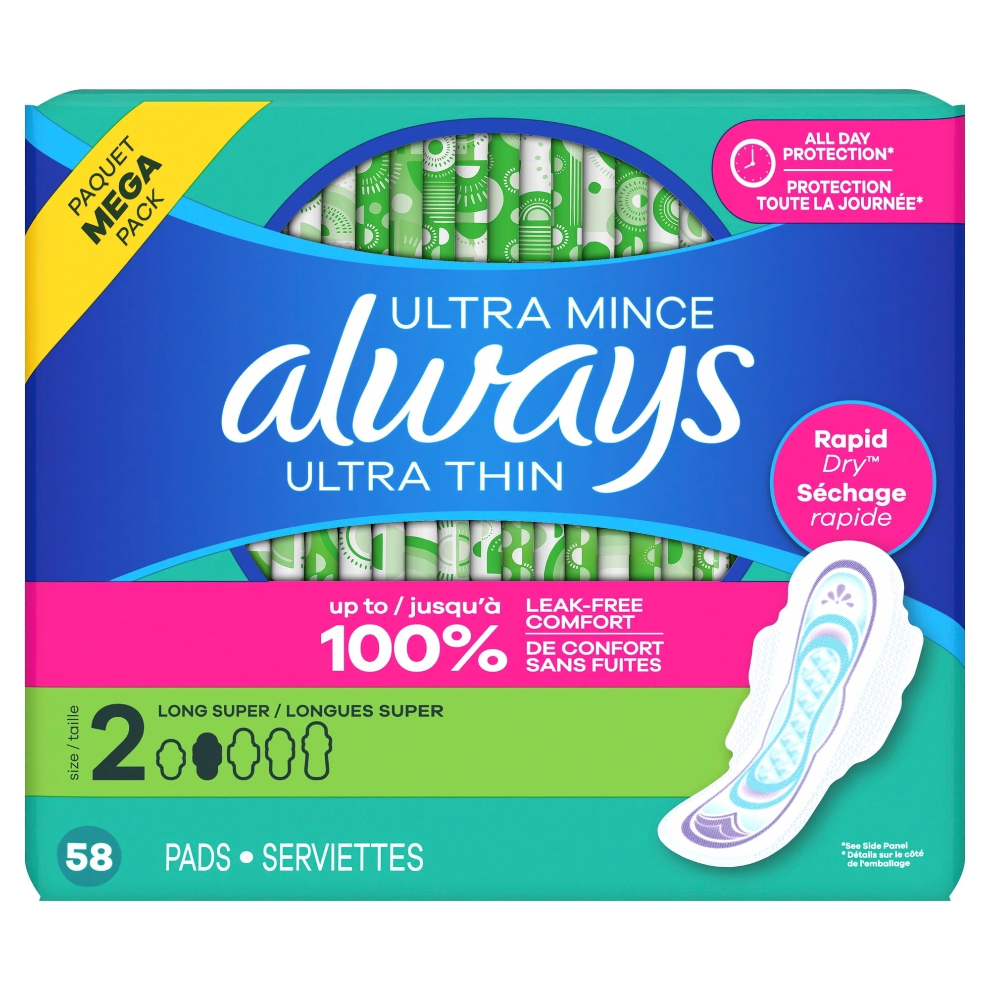 (3 pack) Always Ultra Thin Pads with Wings, Size 2, Long Super Absorbency, 58 Count