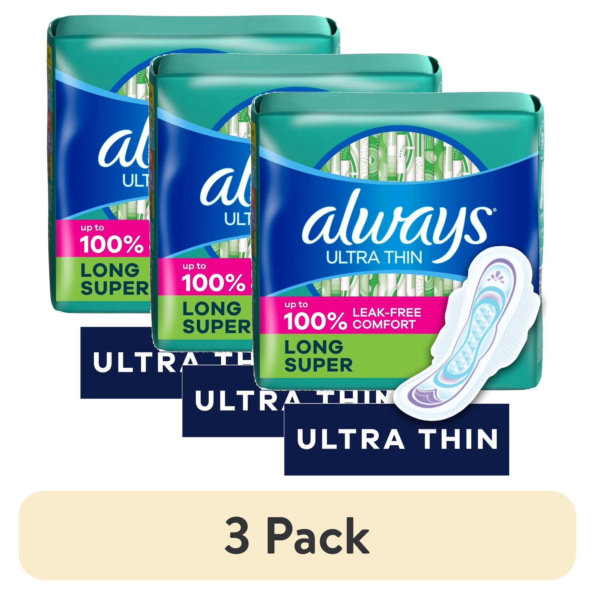 (3 pack) Always Ultra Thin Pads with Wings, Size 2, Long Super Absorbency, 174 Count