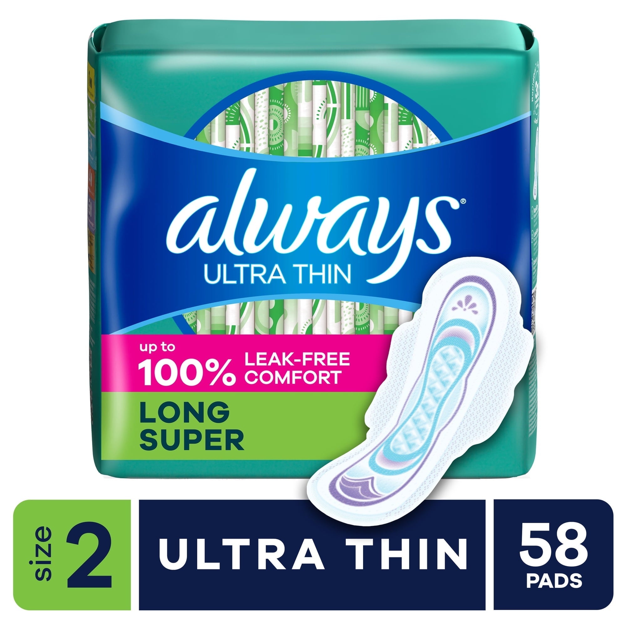 (3 pack) Always Ultra Thin Pads with Wings, Size 2, Long Super Absorbency, 58 Count