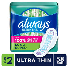 Always ultra thin long super pads, size 2 with wings, 58 pads shown on pack