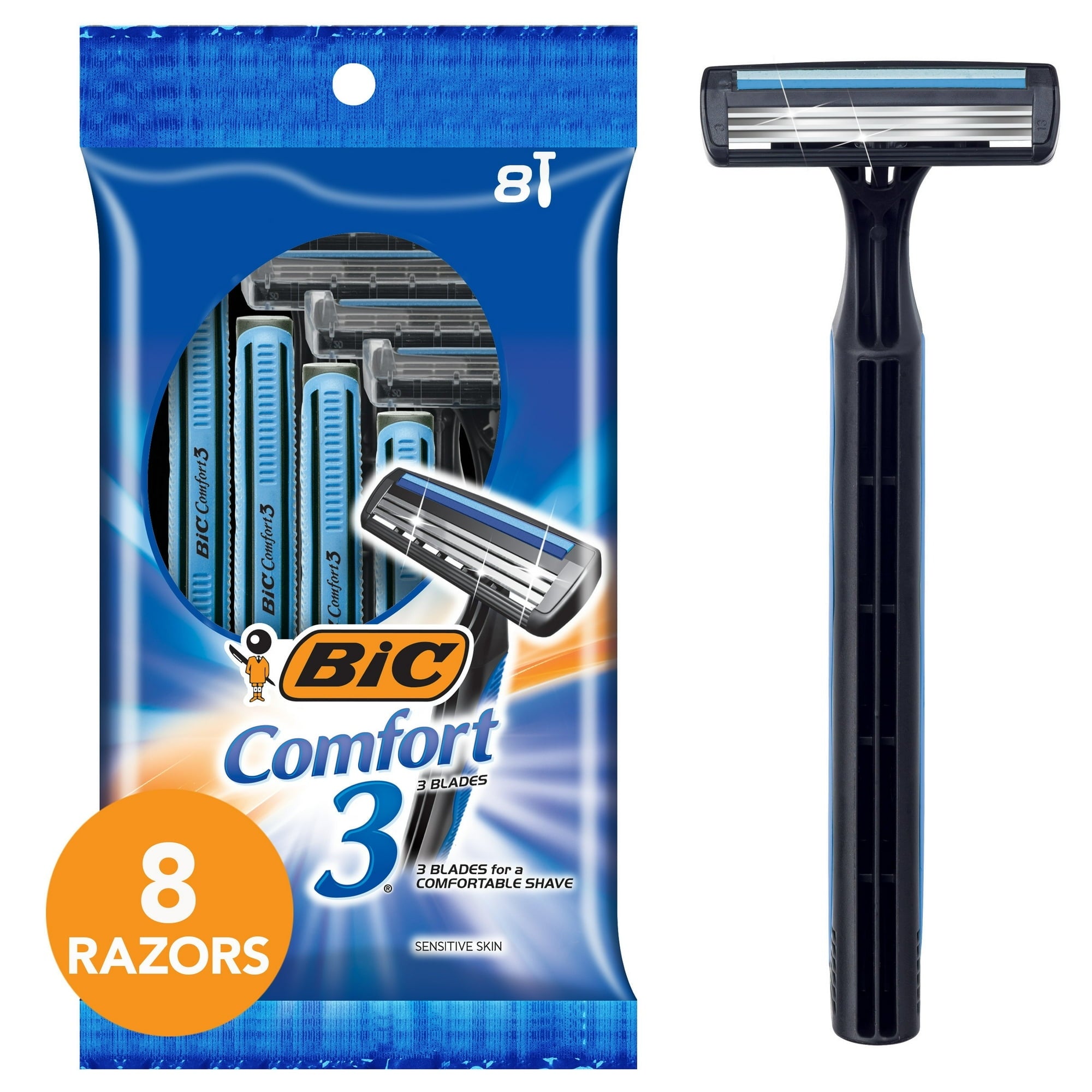 (3 pack) BIC Comfort 3 Disposable Men's Razor, 3 Blade Razor for a Comfortable Shave, 8-Count