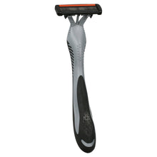 Disposable 4-blade razor with gray handle and black grip