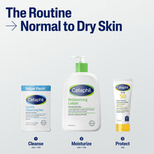 Cetaphil normal-to-dry skin routine set with cleansing bar, lotion, and SPF tube