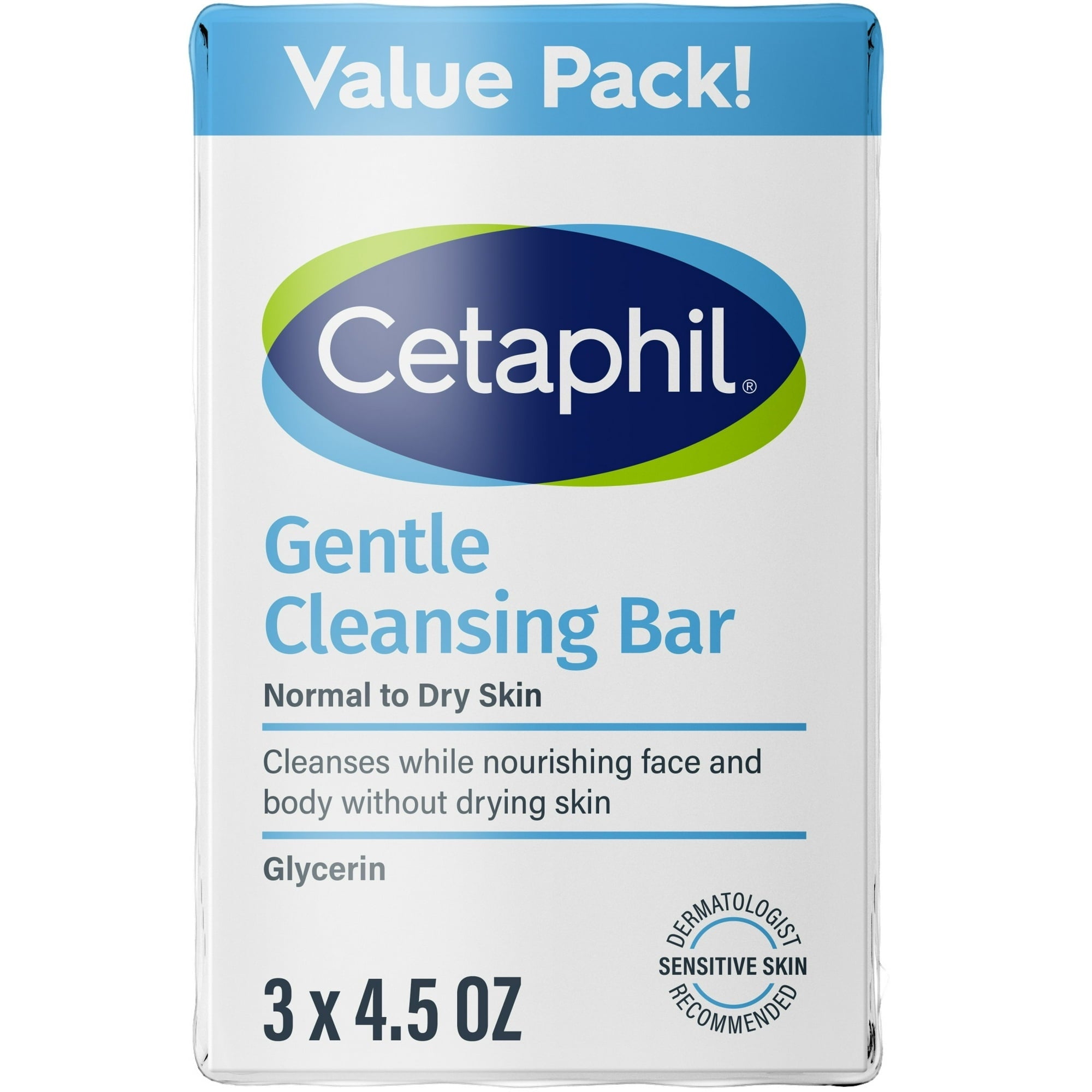 (3 pack) Cetaphil Gentle Face Cleanser and Body Wash Bar for Dry to Normal, Sensitive Skin Value Pack, 4.5 oz (Pack of 3)