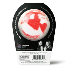 Bath bomb back label with red-and-white marbled dome in black container