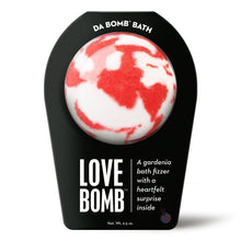 Single bath bomb with red-and-white marbled top in black Love Bomb box