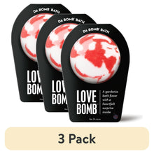 Set of three bath bombs with red-and-white cloud pattern in black Love Bomb boxes