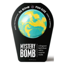 Black bath fizzle container with teal and yellow marbled globe graphic on top
