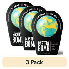 Black 3-pack bath fizzle containers with teal and yellow swirling globe graphic