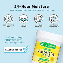 Arnica Salve moisturizer jar on infographic with 24-hour moisture and icon labels