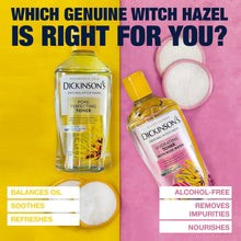 Two Dickinson's witch hazel toner bottles with yellow and pink labels