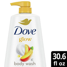 Dove glow body wash bottle with gold pump, 30.6 fl oz label