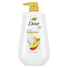 Dove glow body wash bottle with gold pump, mango and almond butter label