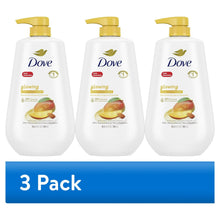 3-pack Dove glow body wash bottles with gold pumps, white bottles