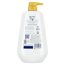 White body wash bottle with yellow pump, back label view