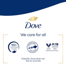 Dove hand wash label with recycled bottle, PETA and vegan badges