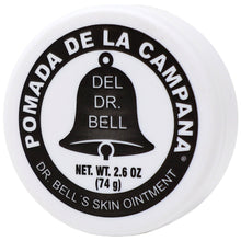 Pomade jar lid featuring Del Dr. Bell logo, 2.6 oz net wt, and 74 g