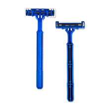 Pair of blue disposable razors with twin blades and long handles