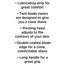 Disposable twin-blade razor feature list: lubricating strip, pivoting head, long handle